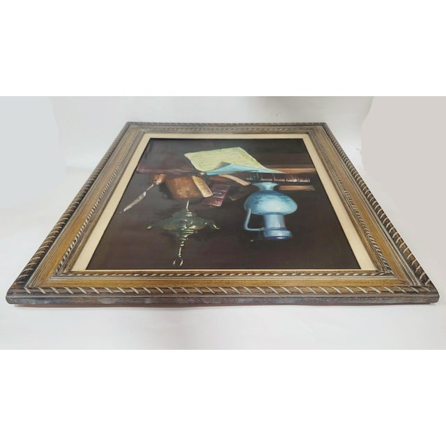 Vintage 20th C Framed Oil on Canvas Music Books & Scroll Still Life Painting by Coral For Sale - Image 10 of 11