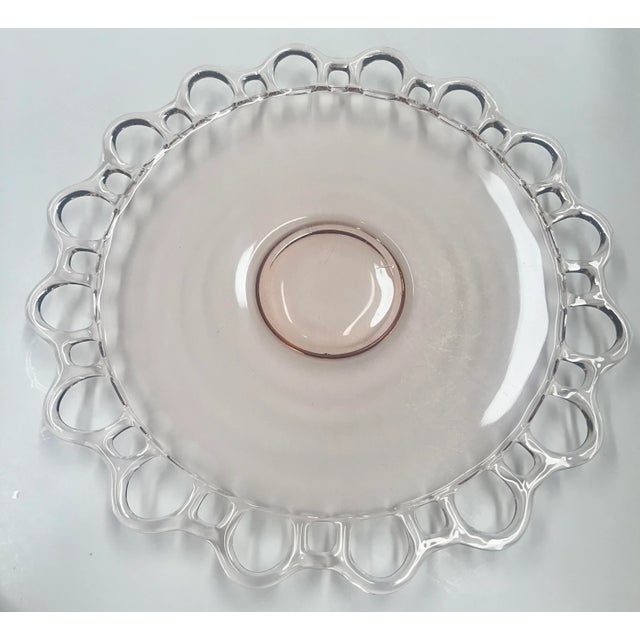 Pink Vintage Pale Pink Depression Glass Cake/Serving Platter With Scalloped/Lace Open Work Edge For Sale - Image 8 of 8
