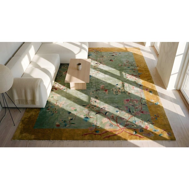 1920s Green Gold Floral Antique Chinese Art Deco Carpet by Nichols Workshop 9' X 11'6" Wool Rug For Sale - Image 15 of 15