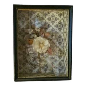 Antique 19th Century French Victorian Wall Paper Shadow Box With Fancy Work Dimensional Flower