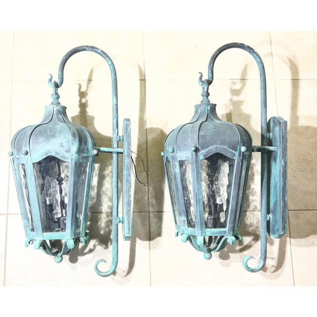 Pair of Vintage Large Solid Brass Outdoor Wall Lanterns For Sale - Image 9 of 17