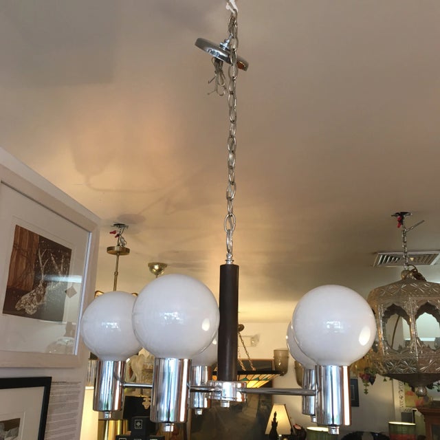 Wood 1970s Vintage Chrome and Wood 5 Socket Hanging Light Fixture Chandelier For Sale - Image 7 of 8