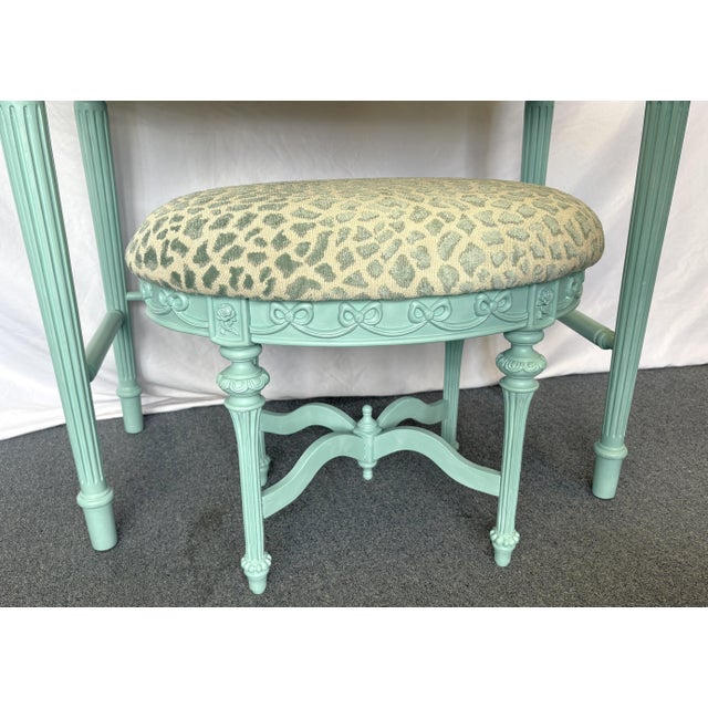 Vintage Vanity With Coordinating Stool Painted in an Ethereal Blue With New Upholstery For Sale - Image 9 of 18