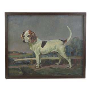 Vintage Oil Painting of a Hunting Hound Dog in Landscape Scene - Framed Art For Sale