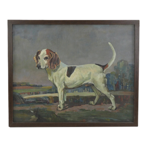 Vintage Oil Painting of a Hunting Hound Dog in Landscape Scene - Framed Art