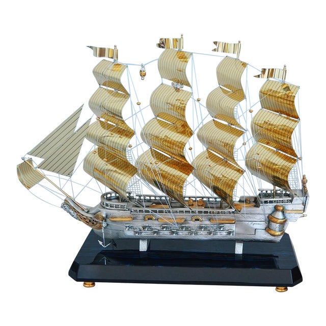 Spanish Vessel With Silver & Gold Sails on Blue Marble For Sale