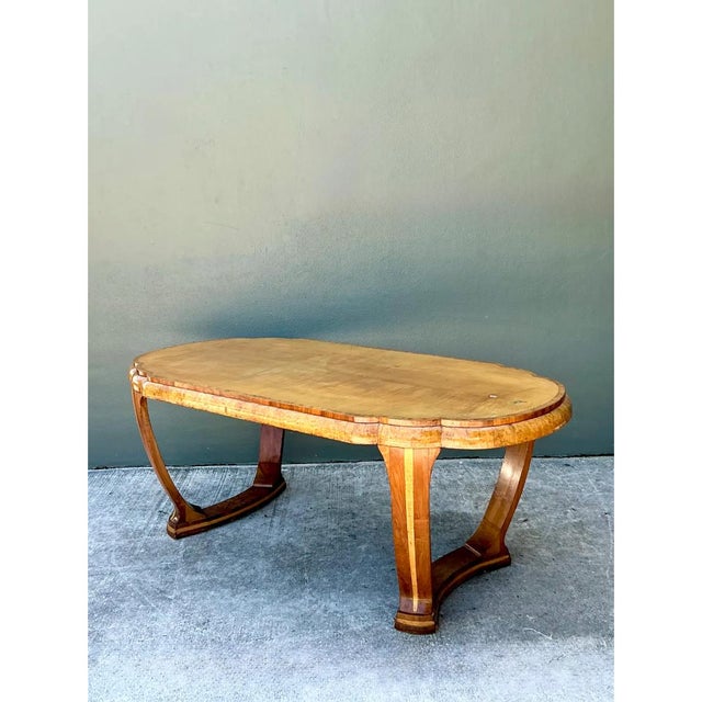 Wood Vintage Art Deco Scalloped Edge Burl Wood Center Hall Table For Sale - Image 7 of 14