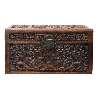 Oriental Dragons Motif Treasure Chest Box Distressed Brown Color Wood For Sale