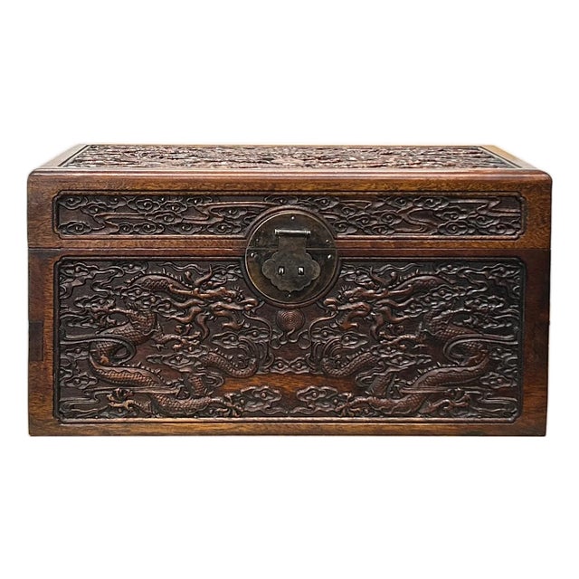 Oriental Dragons Motif Treasure Chest Box Distressed Brown Color Wood For Sale