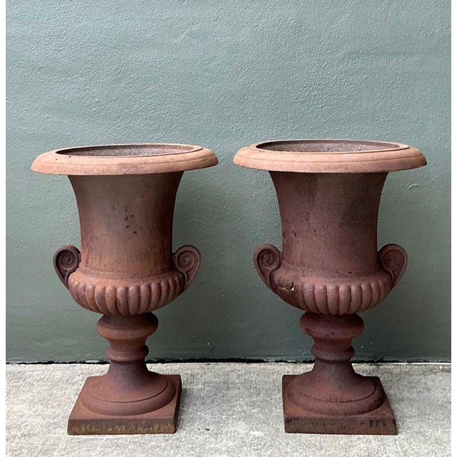 Metal Vintage Cast Iron Garden Urns - Pair For Sale - Image 7 of 18