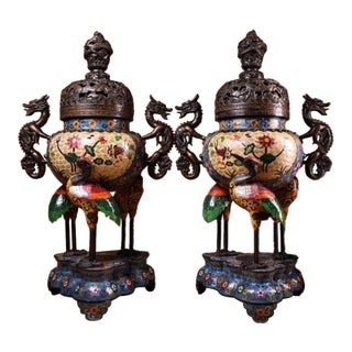 Late 20th Century Pair of Gilt Bronze Cloisonné Enamel Crane Incense Burners For Sale