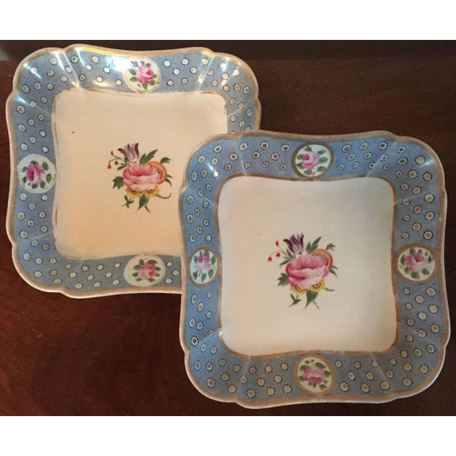 Early 19th Century English Coalport Porcelain Square Dessert Dish Plates Baby Blue with Pink Roses 1810 - A Pair For Sale In New York - Image 6 of 11