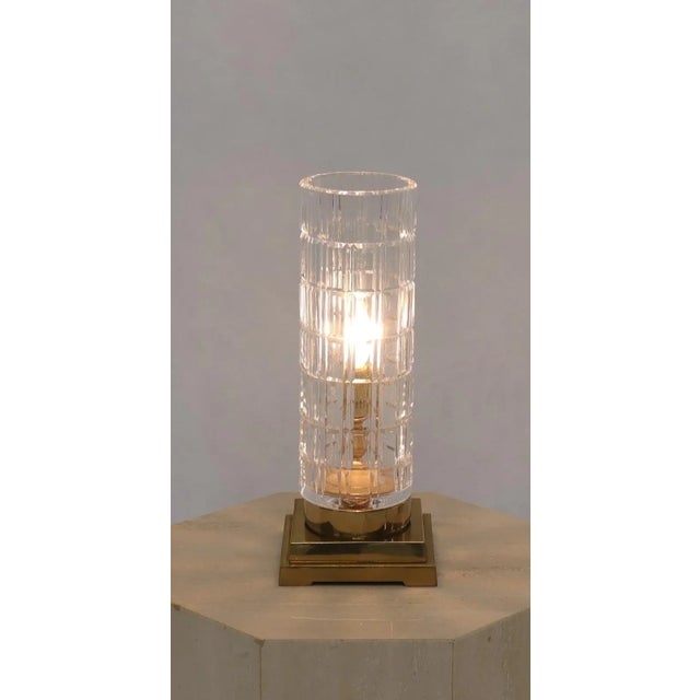 Mid 20th Century Cut Crystal Cylinder Shape Brass Square Base Bracket Legs Tables Lamp For Sale - Image 10 of 11