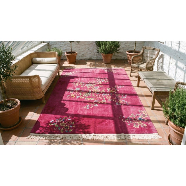 Bright Pink 1930s Bright Pink Floral Modern Antique Chinese Art Deco Rug 8' 9'' X 11' 2'' Handknotted Wool Carpet For Sale - Image 8 of 9