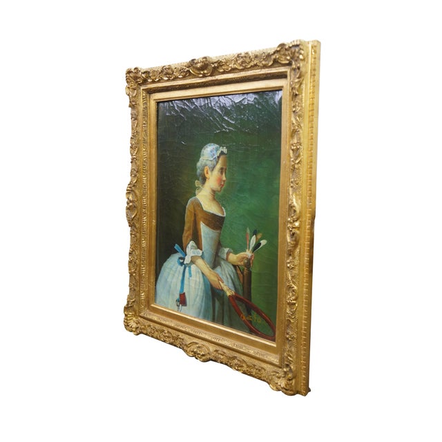 Vintage Girl with Racket and Shuttlecock oil painting on linen after the French artist Jean Baptiste Siméon Chardin. Gold...