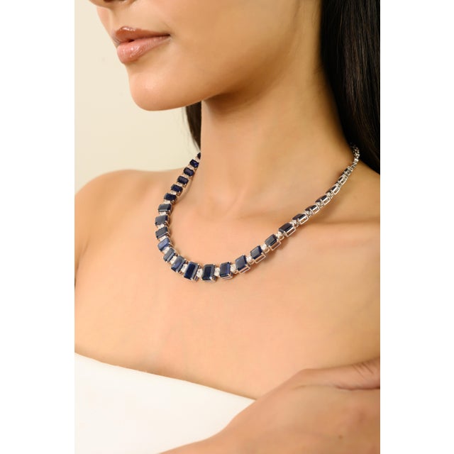 VRJewels 47.64Ct Blue Sapphire & 6.19Ct Diamond Tennis Necklace in 18k White Gold For Sale - Image 4 of 14