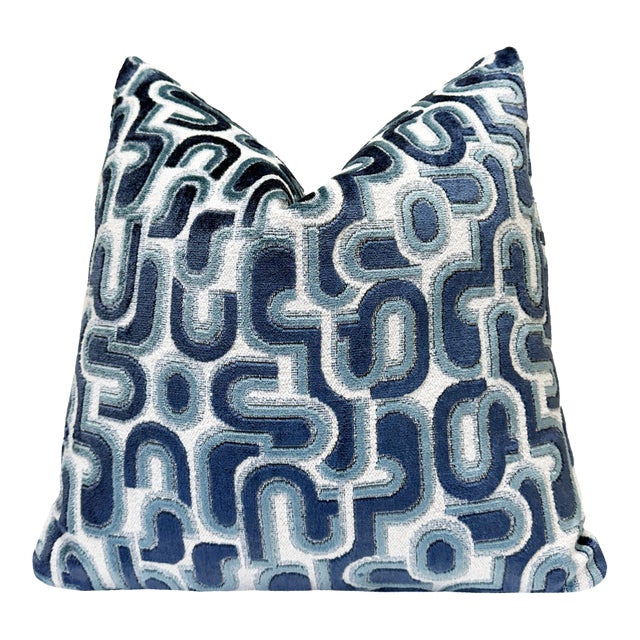 Blue Groove 22x22 Velvet Pillow With Feather Down Insert For Sale