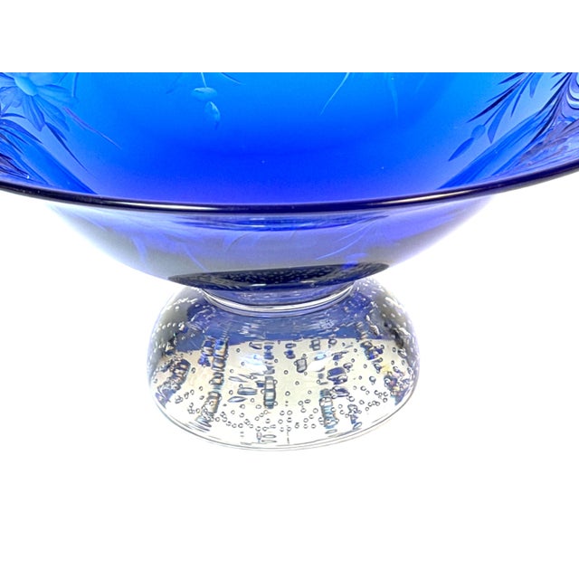 Blue Pairpoint Cobalt Blue Engraved Floral Center Bowl Controlled Bubble Pedestal For Sale - Image 8 of 14