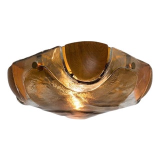 Rounded Angle Wood Smoked Layered Glass Flush Mount attributed to Kaiser, 1960s For Sale
