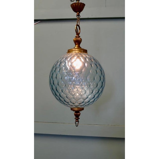 Large French Pale Blue Dimple Pendant Globe Light Simple and very beautiful, this large globe is made in pale blue glass...