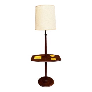 Vintage Mid-Century Modern Walnut Laurel-Style Floor Lamp Table With Ceramic Ashtray & Coasters For Sale