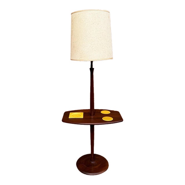 Vintage Mid-Century Modern Walnut Laurel-Style Floor Lamp Table With Ceramic Ashtray & Coasters For Sale