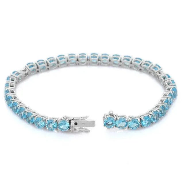 Metal 19.7ct Round Cut Blue Topaz & Diamond Classic Wedding Bracelet in 18k White Gold For Sale - Image 7 of 13