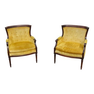 1960s Vintage Sam Moore Gold Chenille Barrel Back Chairs- A Pair For Sale