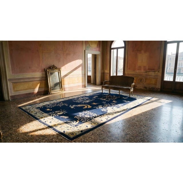1880s Blue Navy Open Field Chinoiserie Pattern Antique Chinese Peking Rug For Sale - Image 14 of 15