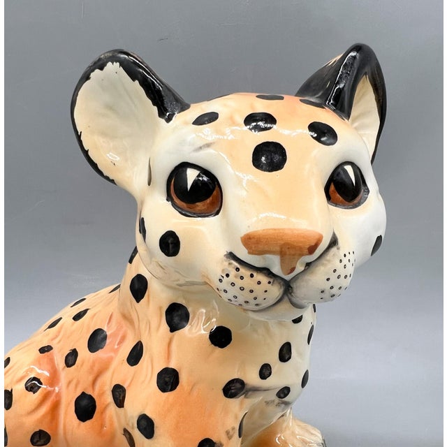 Orange Vintage Shafford Japan Ceramic Leopard & Tiger Cub Figurines — Hand-Painted Pair — Hollywood Regency / Whimsical For Sale - Image 8 of 11