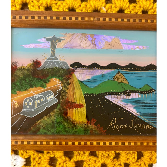 Early 20th Century Antique Brazilian Butterfly Wing Tray, Christ the Redeemer Scenic Artwork For Sale - Image 5 of 6