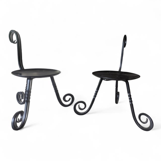 Spanish Revival Vintage Forged Wrought Iron Candle Stand Holders- A Pair For Sale - Image 3 of 12