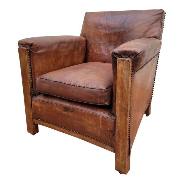 Vintage French Art Deco Distressed Brown Leather Club Chair For Sale