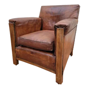 Vintage French Art Deco Distressed Brown Leather Club Chair