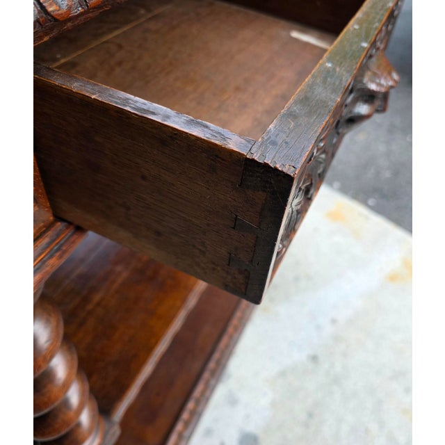 Antique English Jacobean Revival Oak Server With Carved Grotesque Masks and Barley Twist Supports, Circa 1830 For Sale - Image 9 of 18
