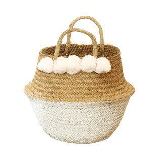 Sea Grass & White Pom Pom Basket For Sale