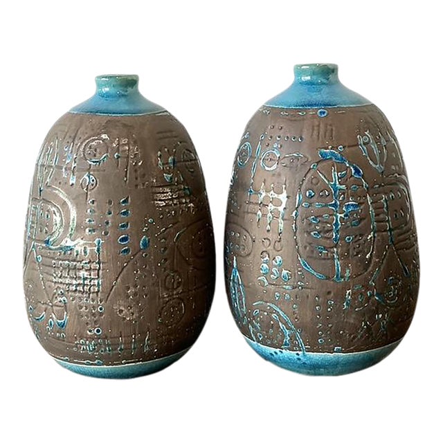Vintage Glazed Ceramic Scored Vases - A Pair For Sale