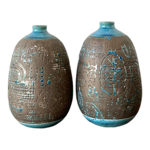 Vintage Glazed Ceramic Scored Vases - A Pair