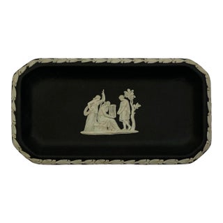 Vintage 1975 Wedgwood Cream on Black Jasperware Oblong Tray For Sale
