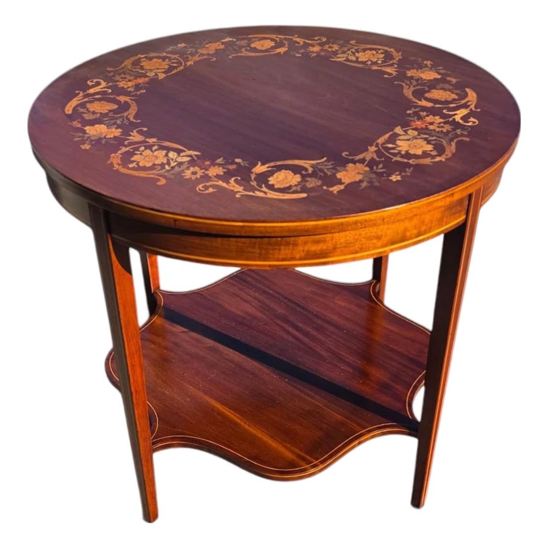 19th Century English Sheraton Mahogany Marquetary Center Table. | Chairish