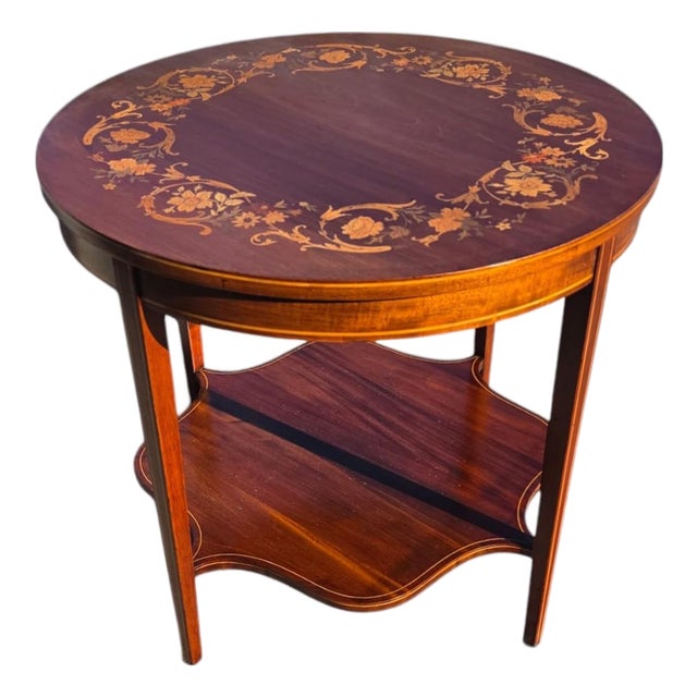 19th Century English Sheraton Mahogany Marquetary Center Table. For Sale