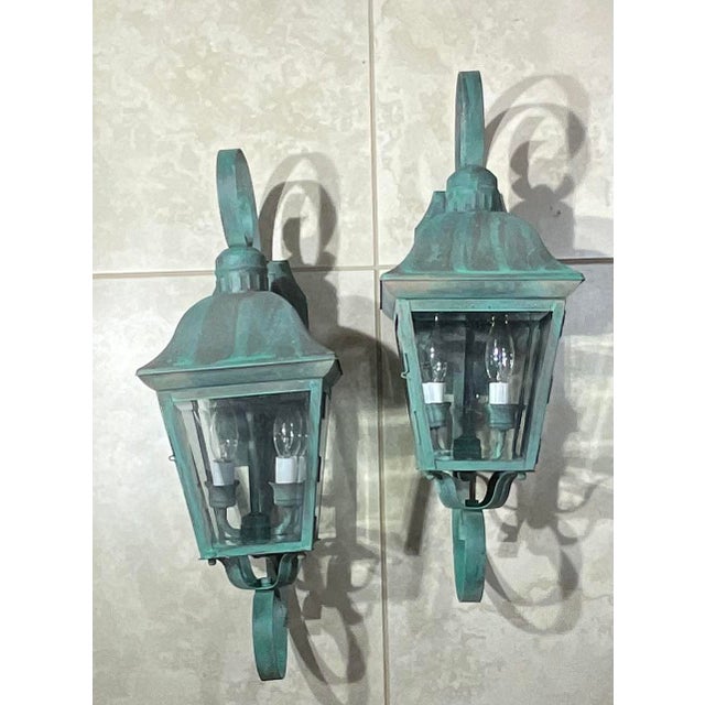 1980s Pair of Vintage Solid Brass Outdoor Wall Lanterns - 22”h X 7”.5 W X 7”.5 D For Sale - Image 5 of 15