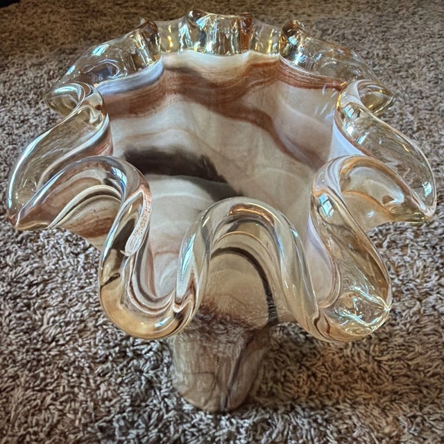 Murano Vintage MCM Murano Style Ruffled Hand Blown Swirl Art Glass Vase For Sale - Image 4 of 7