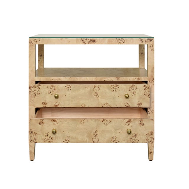 Contemporary Matthew Izzo Home Douglas Burlwood Two Drawer Open Shelf End Table With Glass Top and Polished Brass Knobs For Sale - Image 3 of 9
