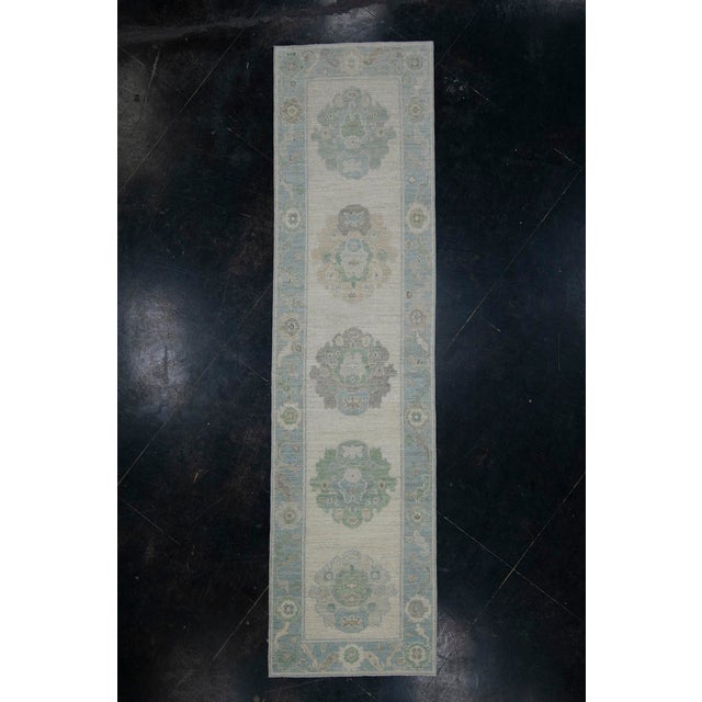 Turkish Oushak Runner Rug Green Blue & Taupe Handwoven Wool Rug 2'9" X 10'5" For Sale - Image 9 of 9