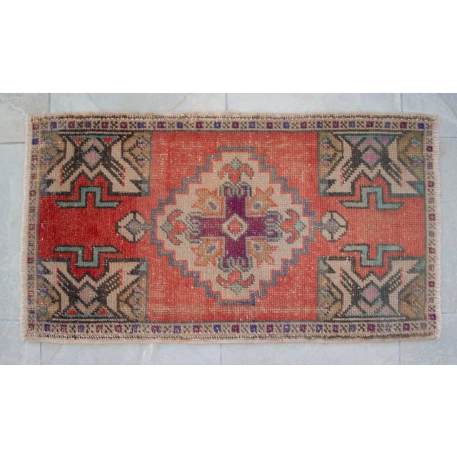 Distressed Rug Low Pile Hand Knotted Yastik Rug Faded Mat- 20'' X 36'' For Sale - Image 11 of 13