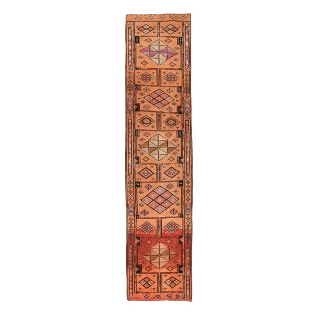 Vintage Orange Geometric Turkish Hand-Knotted Runner For Sale - Image 9 of 9