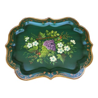 Vintage Hand Painted Green Toleware Tray With Floral and Grape Decoration, Circa 1930s For Sale
