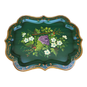 Vintage Hand Painted Green Toleware Tray With Floral and Grape Decoration, Circa 1930s