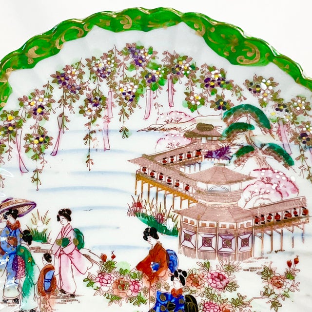 Ceramic Mid-Century Chinoiserie Hand Painted Japaneses Geisha Girls Bowl For Sale - Image 7 of 11